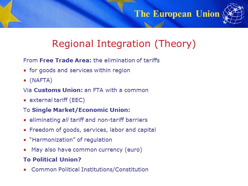 Regional Integration (Theory)  From Free Trade Area: the elimination of tariffs for goods